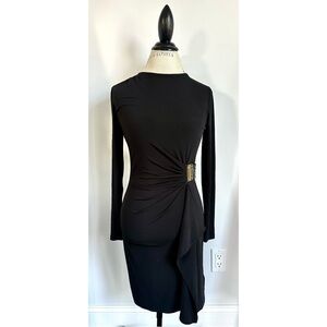MICHAEL Michael Kors Black Long Sleeve Faux Wrap Dress Leather Gold Buckle